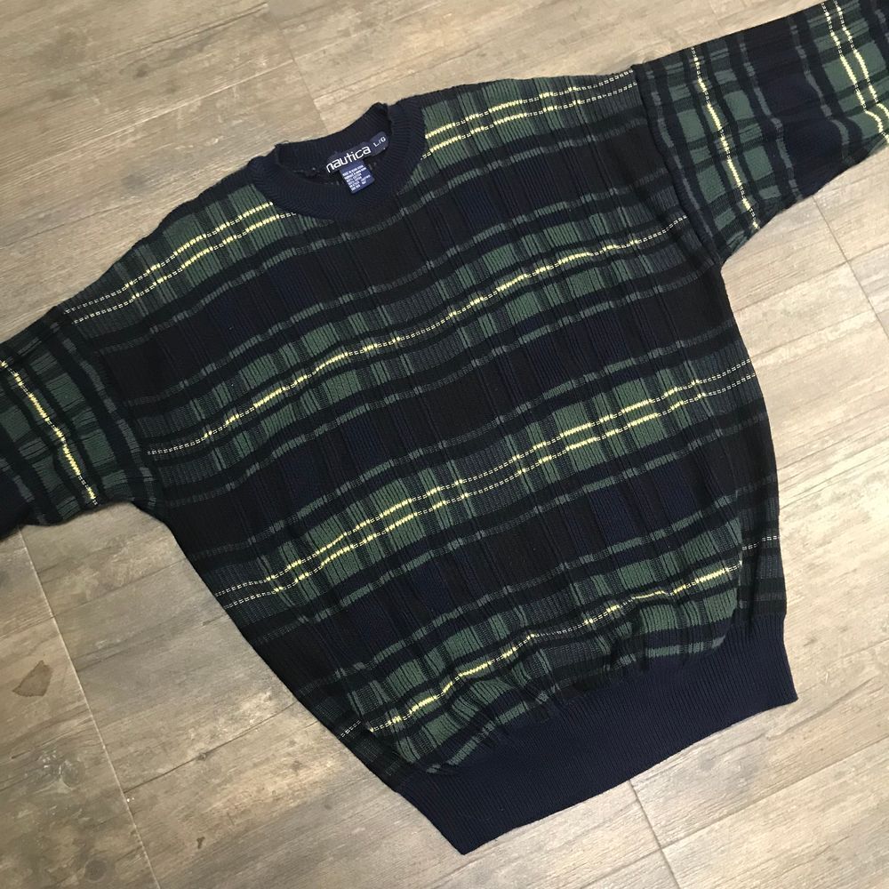 Vintage Nautica Scottish Tartan Plaid Crewneck Sweater‎ Men Size Large Cotton